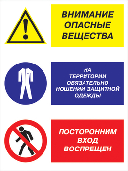 Кз 16 внимание опасные вещества - на территории обязательно ношение защитной одежды, посторонним вход воспрещен. (пластик, 400х600 мм) - Знаки безопасности - Комбинированные знаки безопасности - магазин "Охрана труда и Техника безопасности"
